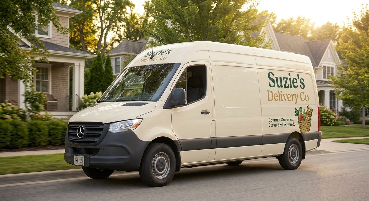 A Suzie's Delivery Co. van parked on a residential street
